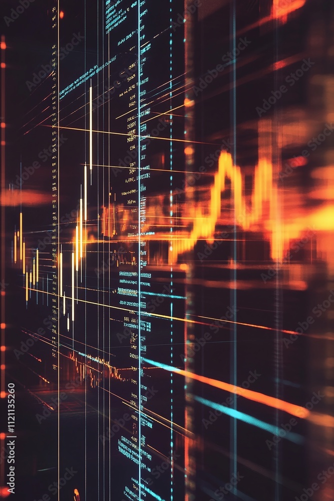 Poster a glowing fintech logo on a futuristic digital interface with transparent graphs and a scrolling sto