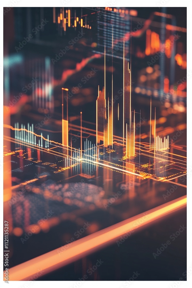 Poster A glowing fintech logo on a futuristic digital interface with transparent graphs and a scrolling stock ticker.