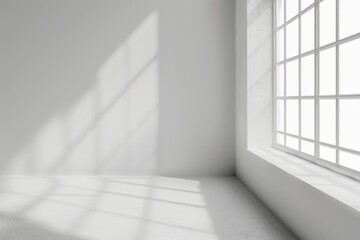 Fototapeta premium Sunlight streams through a large window in a bright. white room. casting long shadows across the floor