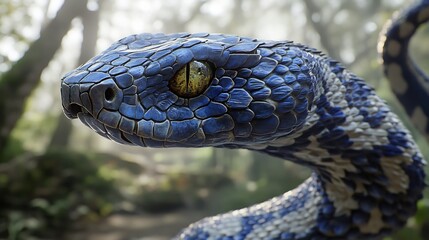 Fototapeta premium Close-Up of a Blue and White Snake in a Forest Setting