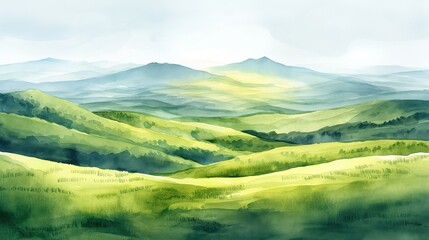 A painting of a green field with mountains in the background