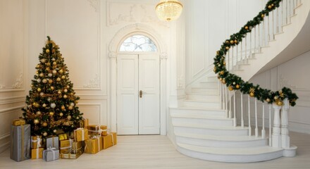 Elegant staircase, Christmas tree with lights, festive decorations, luxurious interior, white walls, grand entrance, gifts wrapped in gold and silver, cozy and opulent atmosphere, large windows, class