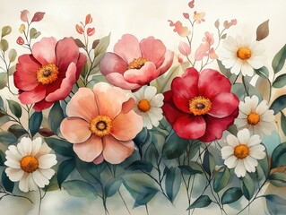 A painting of a field of flowers with a red and white border
