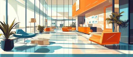 Modern Office Lobby with Sunlit Windows and Orange Furniture
