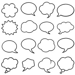 Sixteen diverse hand-drawn speech bubbles, perfect for communication and dialogue illustration.