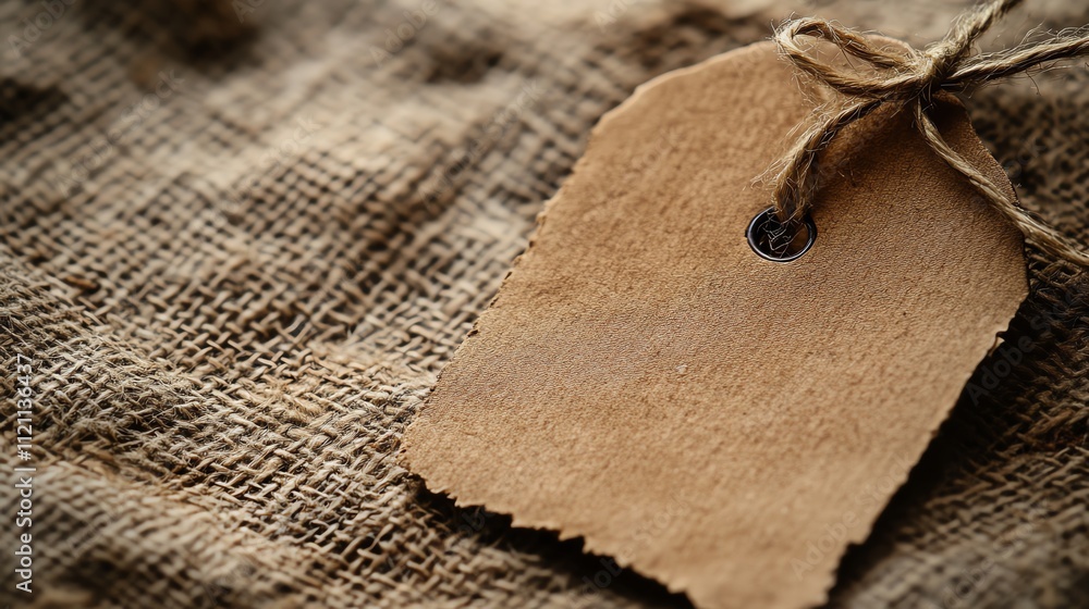 Poster close-up of a rustic blank tag on a textured burlap background, perfect for design projects.