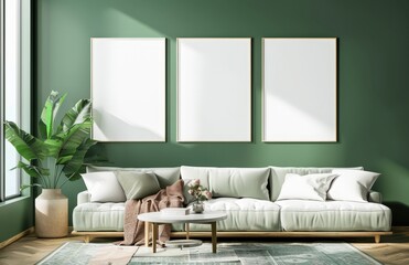 Modern living room interior with green wall. sofa. and three blank frames. perfect for showcasing art. photos or designs