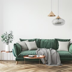 A living room with a green velvet sofa. two end tables. a throw blanket. and two pendant lights