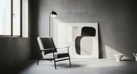 minimalist interior, modern living room, gray tones, sleek armchair, large window, natural light, concrete walls, abstract art, contemporary design, calm atmosphere
