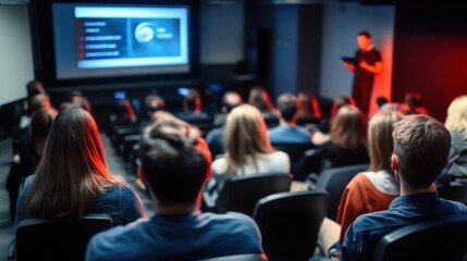 A speaker presents to a diverse audience in a dimly lit conference hall, focusing on engagement.