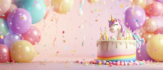 Magical Unicorn Birthday Cake with Pastel Balloons and Confetti