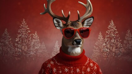   Stylish deer with sunglasses in a cozy red sweater against a vibrant red background, perfect for holiday or winter themes, presenting a fun and whimsical concept