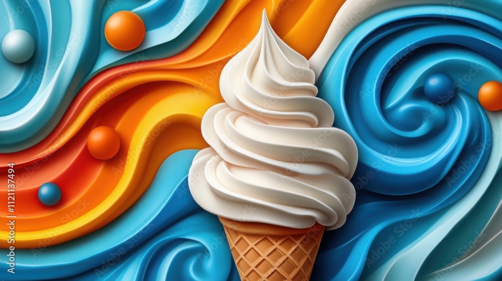 Poster a vector art of a delicious ice cream cone, with swirls of soft-serve and colorful toppings