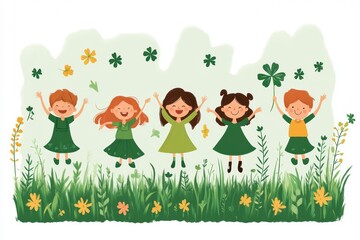 Joyful children in green costumes celebrating nature and happiness