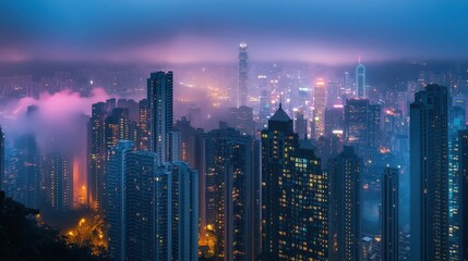 Fototapeta premium Hong Kong Night Cityscape Skyscrapers, Fog, Lights, Twilight, Urban, Dense, HighRise, Metropolis, As