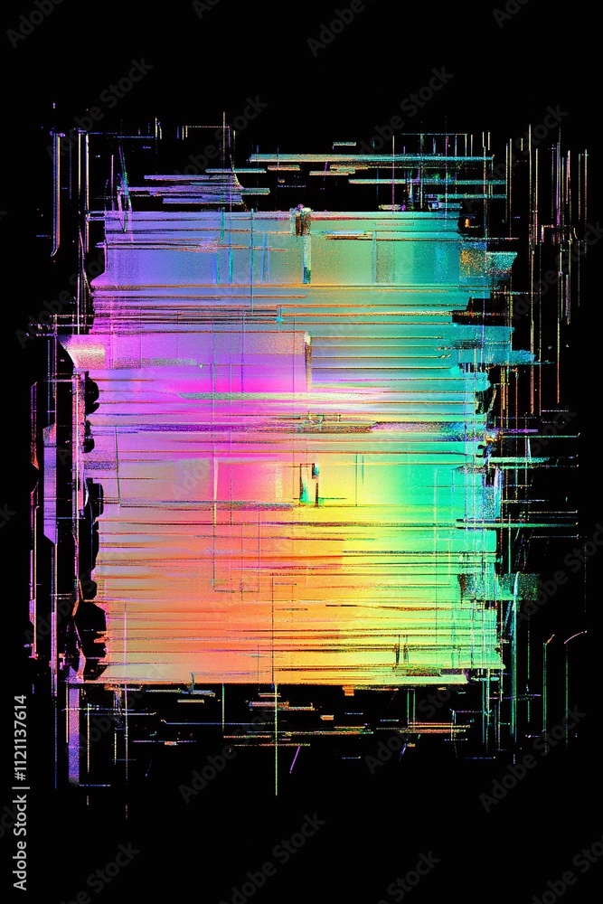Poster a neon glitch effect with horizontal interference patterns on black.