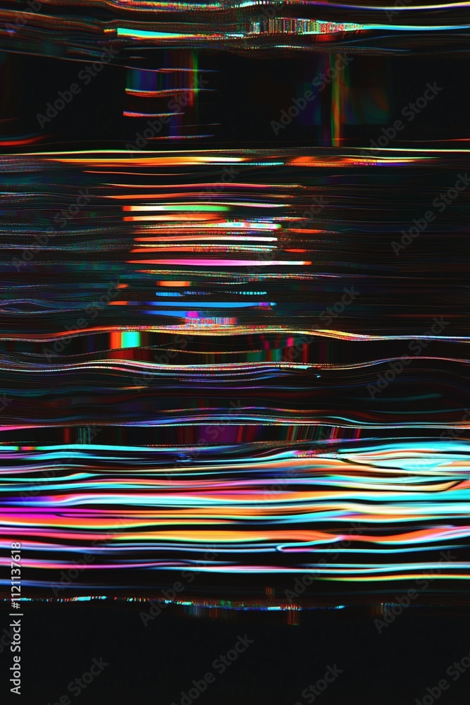 Poster a neon glitch effect with horizontal interference patterns on black.