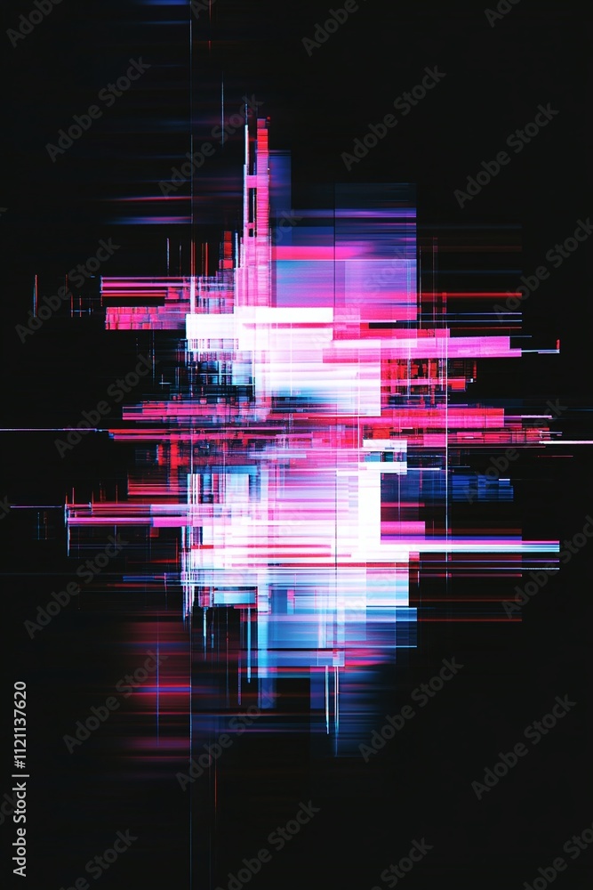 Poster a neon glitch effect with horizontal interference patterns on black.