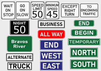 traffic signals used in the Americas. speed limit, maximum speed, night speed, except right turn, to oncoming traffic, east way, west way, north way, south way, etc.