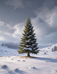 Fototapeta premium A majestic Christmas tree standing tall in a snow-covered field, snowy landscape, Christmas tree field