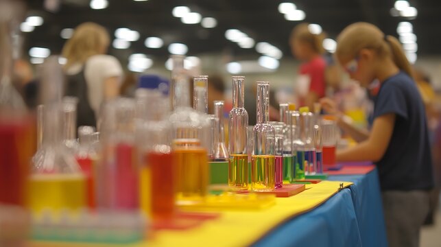 A science fair where students present their projects on colorful boards, demonstrating experiments to judges.