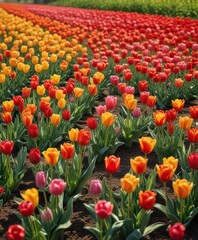 Field of colorful tulips blooming in the warm sunlight, spring, garden, tulip