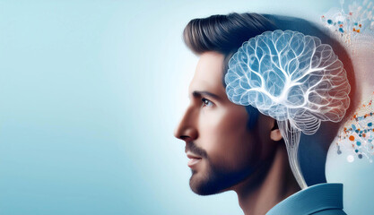 Human brain illustration symbolizing self-care and mental health, with a focus on positive thinking and a creative mind. Represents the importance of mental well-being and personal growth.