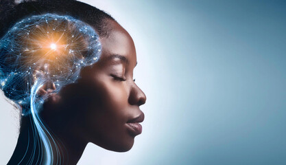 Human brain illustration symbolizing self-care and mental health, with a focus on positive thinking and a creative mind. Represents the importance of mental well-being and personal growth.