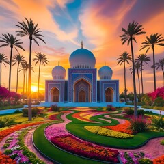 Beautiful view of a mosque with flowers path and colorful sunset sky