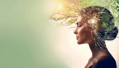 Human brain illustration symbolizing self-care and mental health, with a focus on positive thinking and a creative mind. Represents the importance of mental well-being and personal growth.