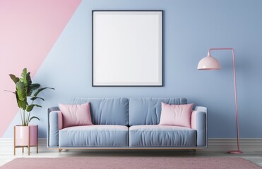 Minimalist living room interior with blue and pink color scheme. featuring a sofa. a potted plant. a floor lamp. and a blank picture frame