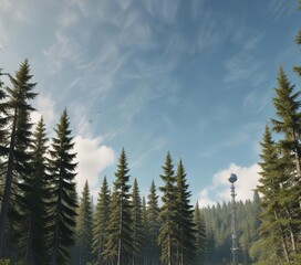 Airplane flying low over a forest with a small radio broadcasting antenna tower in the background, antenna, rural, tower