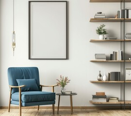 A cozy living room with a blue armchair. a coffee table. a bookshelf. and a blank picture frame