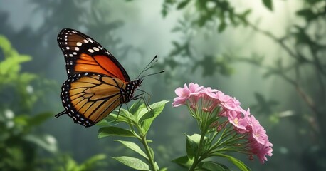 Butterfly resting on a flower stem with leaves, nature, entomology