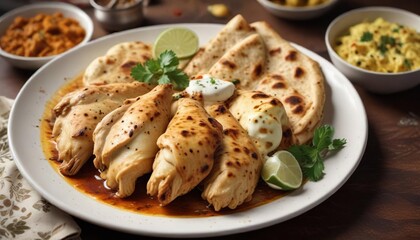 Chicken cooked in a mixture of spices and yogurt served with roti or paratha on a plate, meat marinade, , homemade recipe ideas