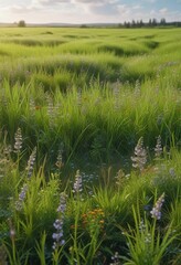 Obraz premium A lush green field of rye with wildflowers blooming, colorful blooms, botanical garden