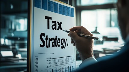 A tax planning workshop with a speaker pointing at a chart labeled "Tax Strategy."