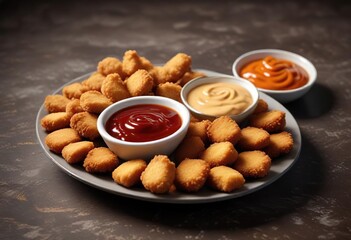 Fototapeta premium A plate of crispy fried chicken nuggets with dipping sauce , golden brown, savory