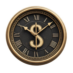 Clock with dollar sign and roman numerals isolated on transparent background.