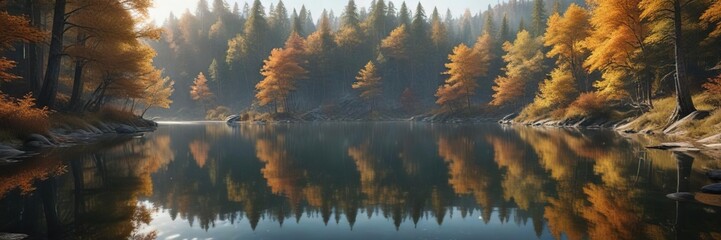 Obraz premium A serene lake in the midst of an autumnal forest, forest scenery, tree-lined lake