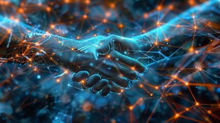 Digital handshake representing business agreement and technological collaboration in modern times