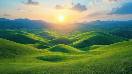 Fototapeta premium Breathtaking Sunrise Over Rolling Green Hills with Soft Clouds and a Warm Glow Illuminating a Stunning Natural Landscape in the Early Morning Light