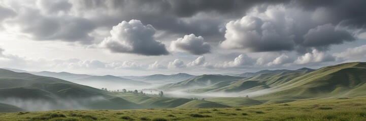 Rolling hills of misty gray landscape with white clouds against a vast sky , hills, gray sky