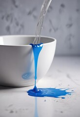 Whisk lying flat against the edge of a white ceramic bowl filled with a clear blue liquid, wire whisk, white ceramic bowl, clear blue liquid