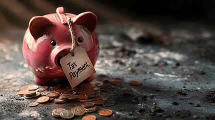 A piggy bank breaking open, spilling coins, with a tag labeled "Tax Payment."