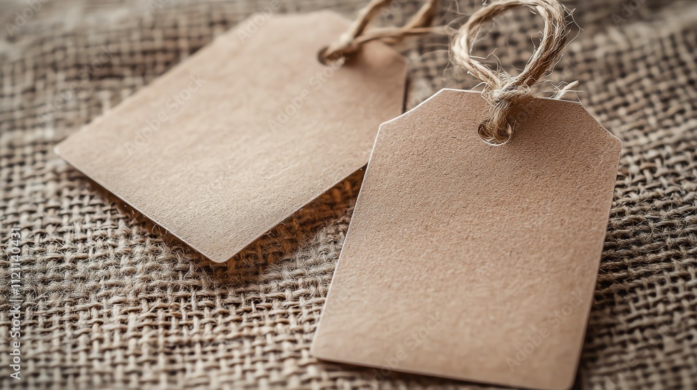 Poster close-up of brown paper tags on burlap fabric surface with rustic texture.