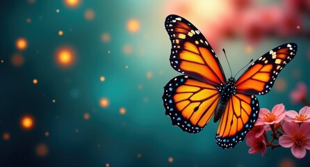 Vibrant butterflies in spring, fluttering among flowers and glowing fireflies. A colorful HD image with a teal and coral palette, full of life and energy.