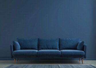 Minimalist living room with a blue sofa in front of a blue wall