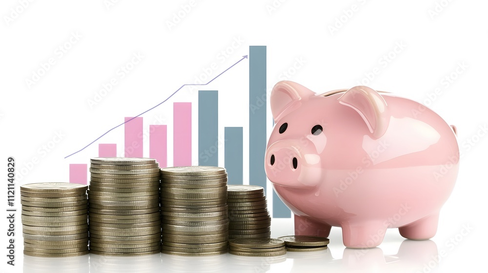 Poster a piggy bank surrounded by stacks of coins and a bar graph showing steady growth.