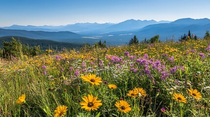 Fototapeta premium A wildflower-covered hillside with a view of distant mountains and a clear blue sky